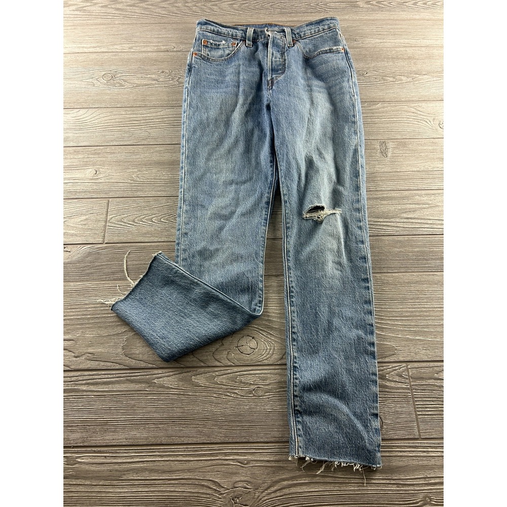 Levis Womens 501s Skinny Jeans 26x28 Blue Button Fly Distressed High Rise Denim